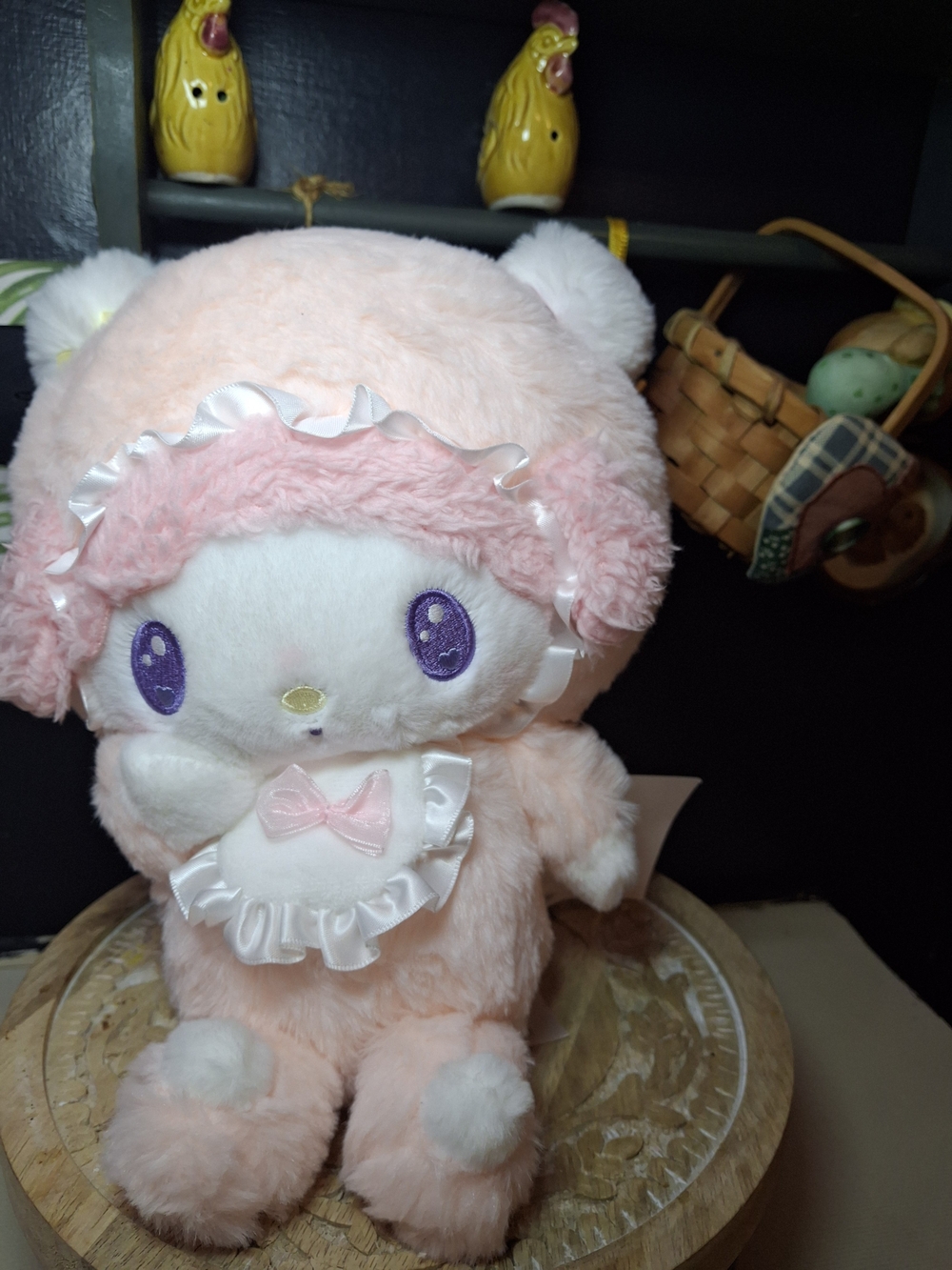 Sanrio Pink Plush Cat Toy with Purple Eyes and Satin Ruffle